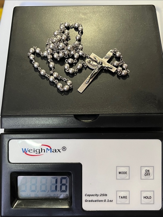 925 Sterling Silver Jewelry - Religious Silver-Tone Rosary Necklace with Crucifix